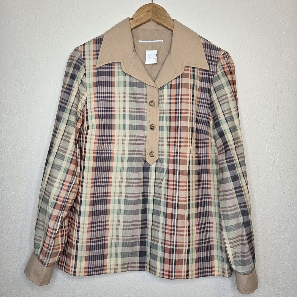 Vintage 70s Plaid Half Button Blouse Medium Retro Preppy Mod Tan Collar Top